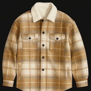 Men’s Sherpa Lined Plaid Jacket Brown Checkered Size Medium